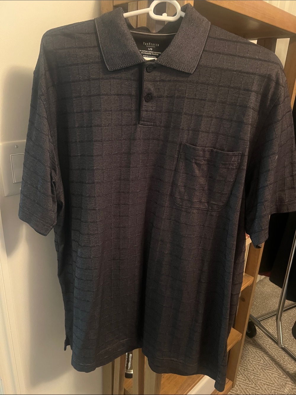 Van Heusen Men's Dark black gray Grid-Texture Polo with Chest Pocket